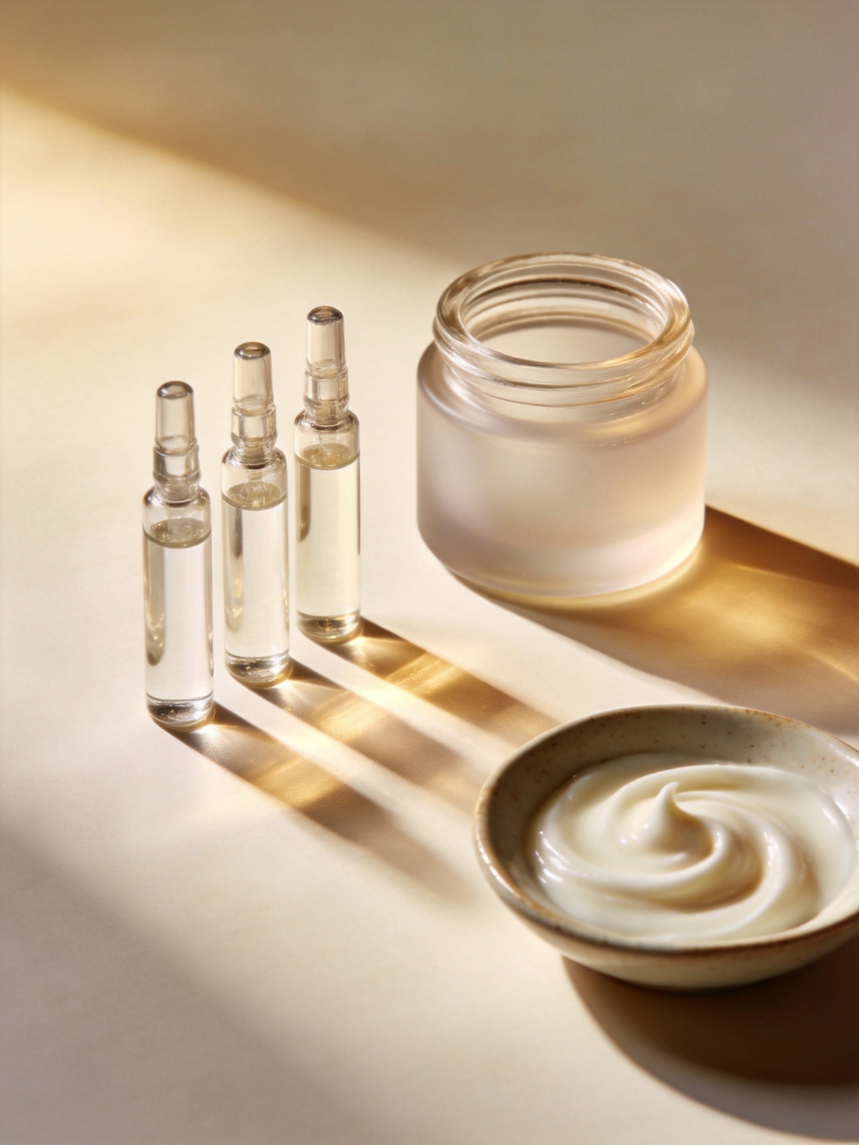 Glass vials and a jar of ivory cream on a warm backdrop