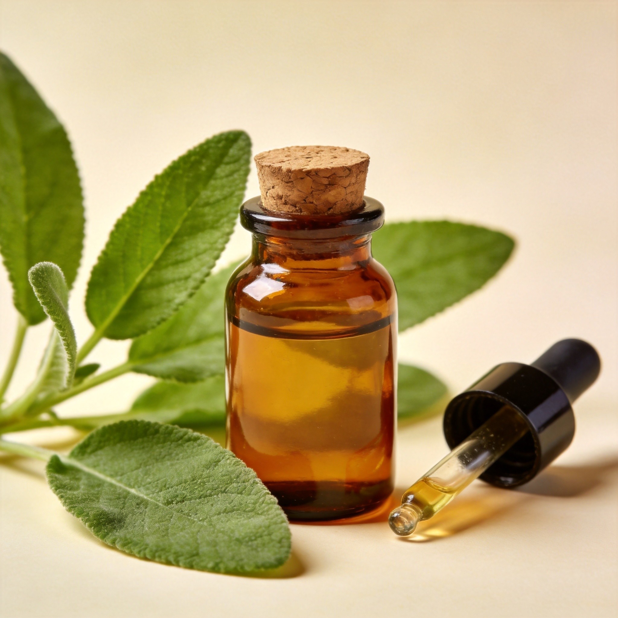 Green leaves beside an amber bottle of botanical extract