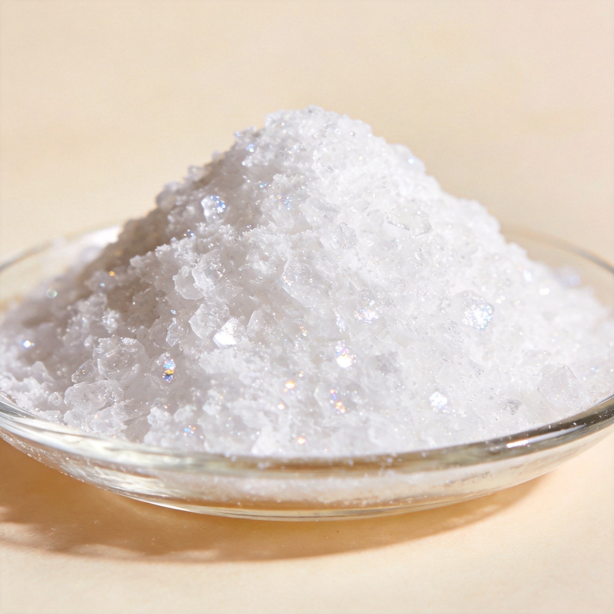 White crystalline niacinamide powder in a glass dish
