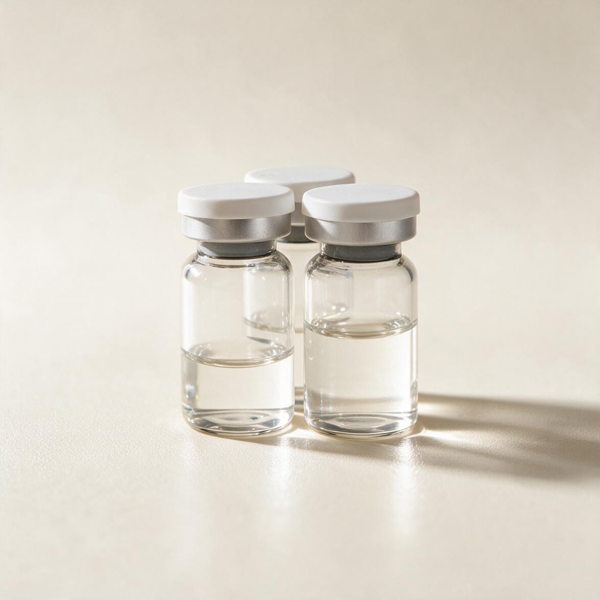 Gold-tinted ampoule of anti-aging serum on draped champagne silk