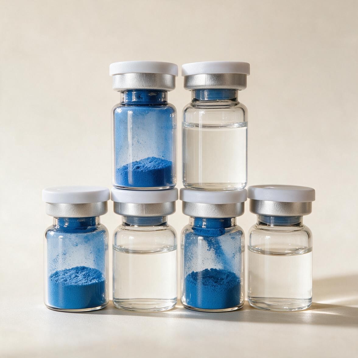 Glass vials of blue sponge spicule powder and clear solvent with white flip-off caps