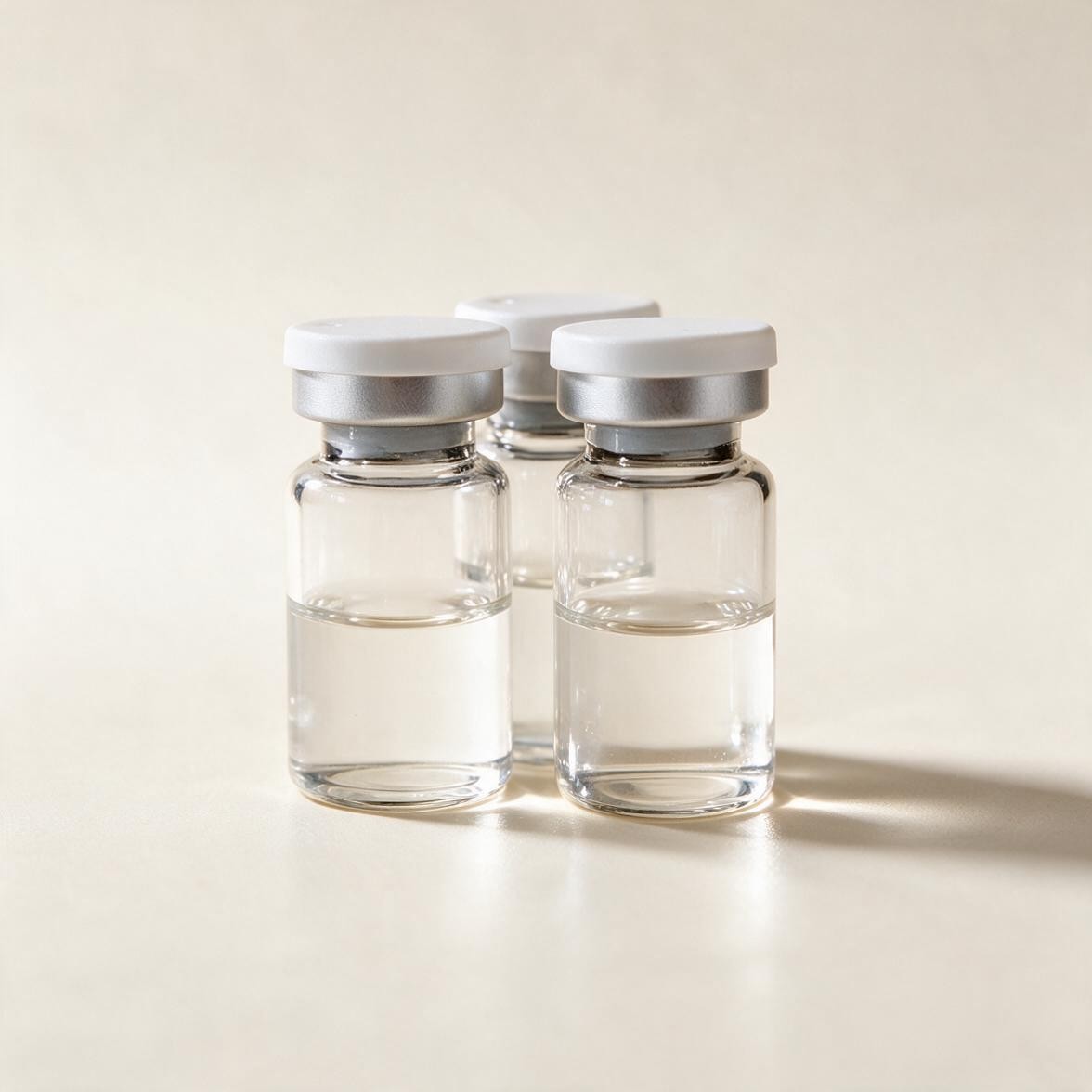 Frosted glass bottle of milky-white collagen serum on ivory linen