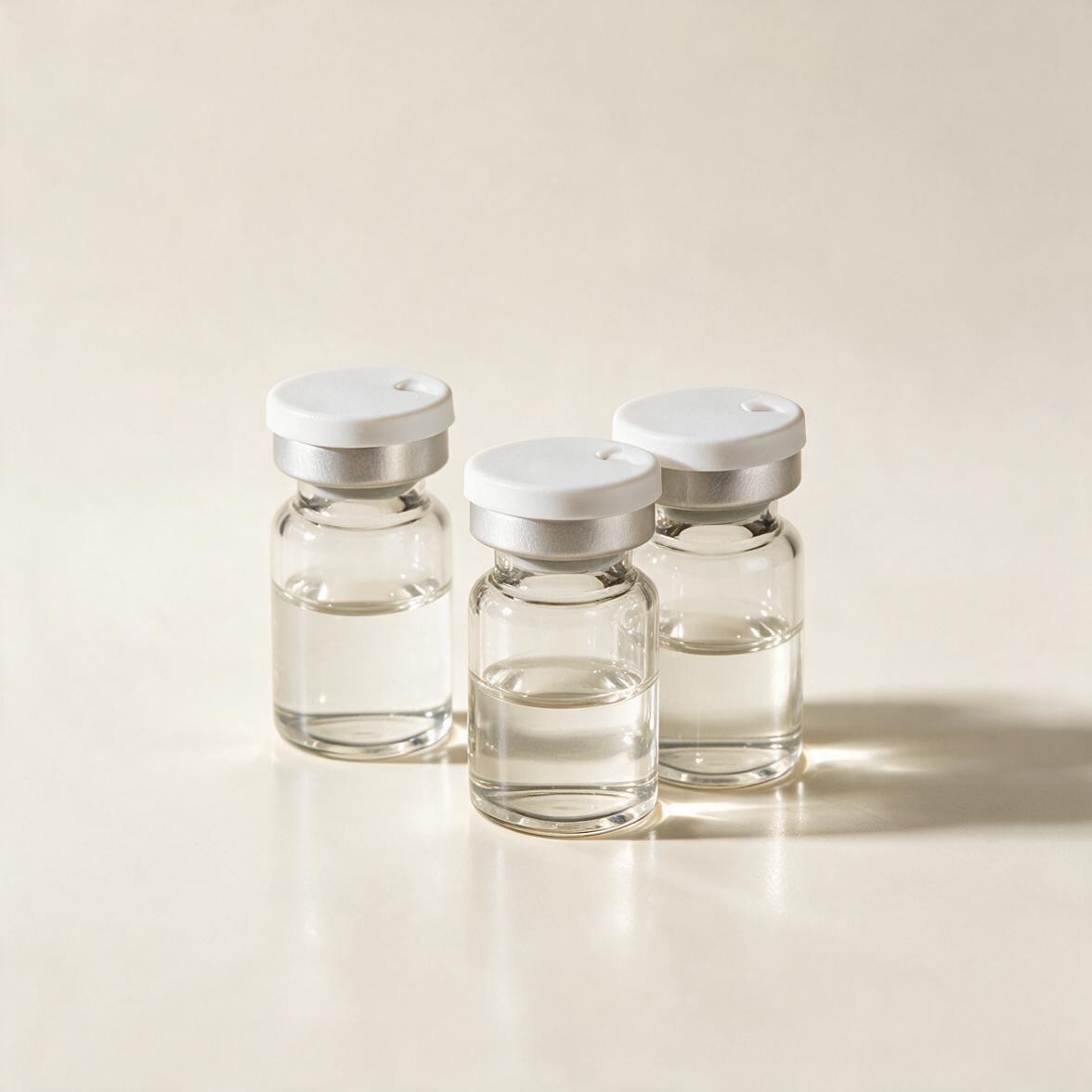Clear vial of transparent serum on a wet stone slab with water droplets