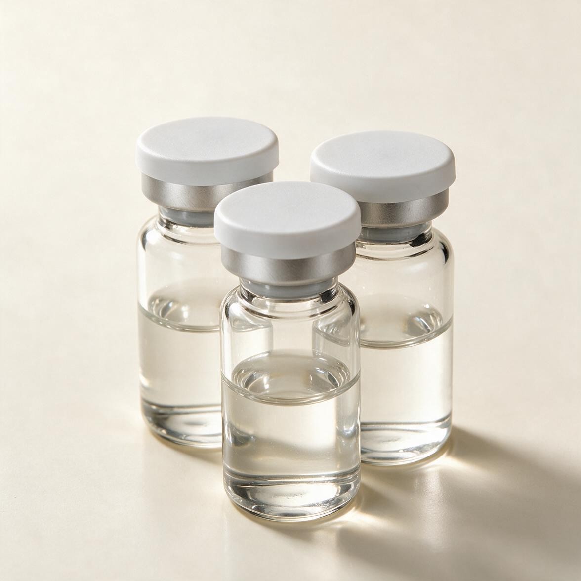 Sleek ampoule of pearlescent pink-champagne serum on a mirror surface