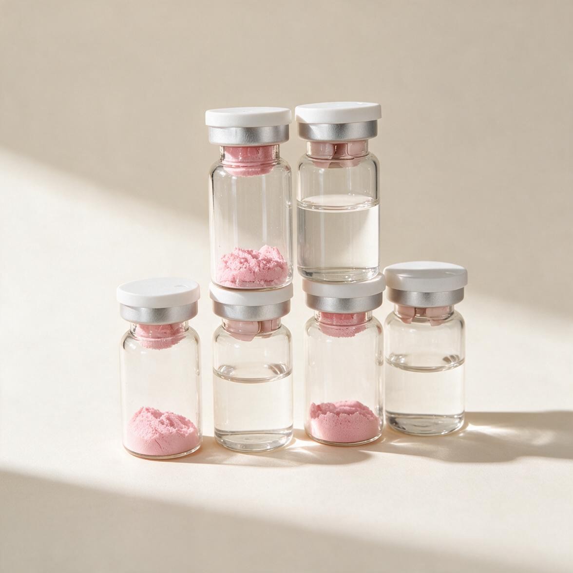 Glass vials of pink sponge spicule powder and clear solvent with white flip-off caps
