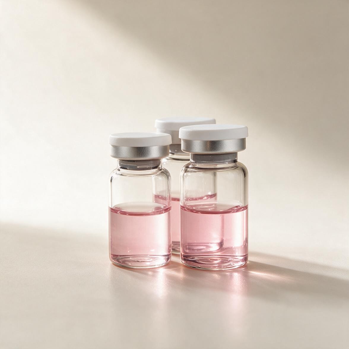 Clear glass vial of soft pink vitamin serum backlit by sunlight