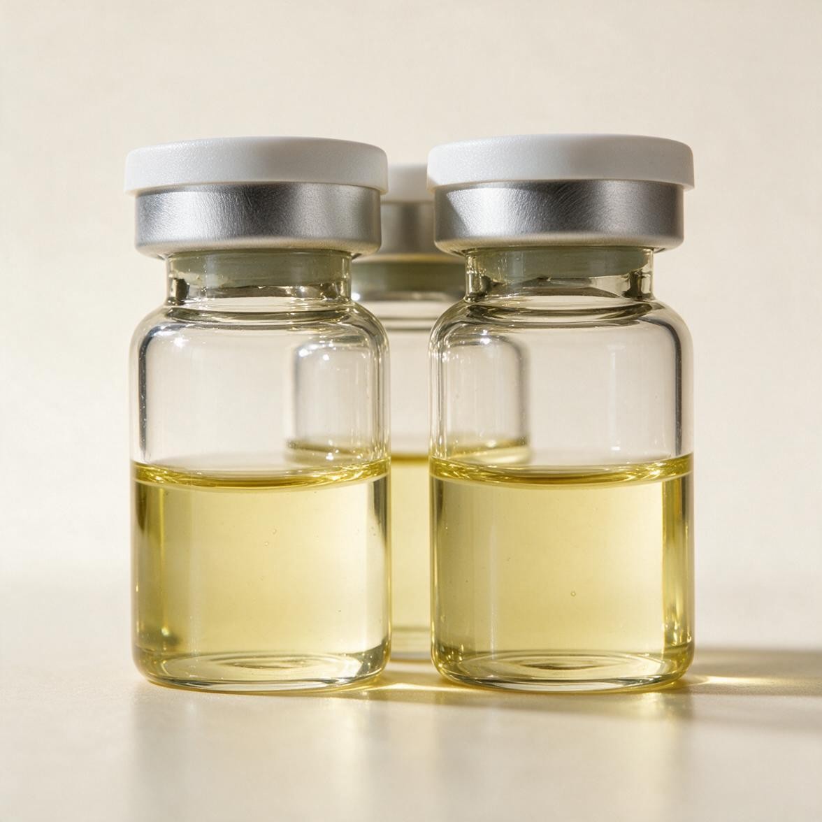 Clear vial of pale golden serum on a ceramic plate with fresh lemon